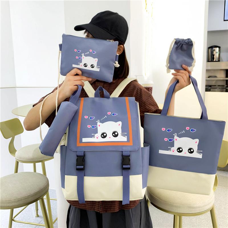 School Bag Academy's New Three Four Five Six Primary School Students Five-piece Backpack Cute Cat Print Middle School Student Schoolbag