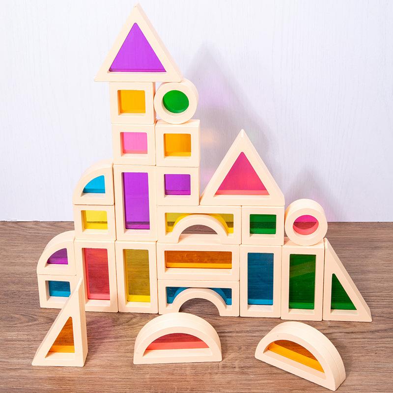 Wooden Rainbow Building Block Acrylic Transparent Building Block Splicing Creative Construction Early Education Puzzle Children'S Building Block
