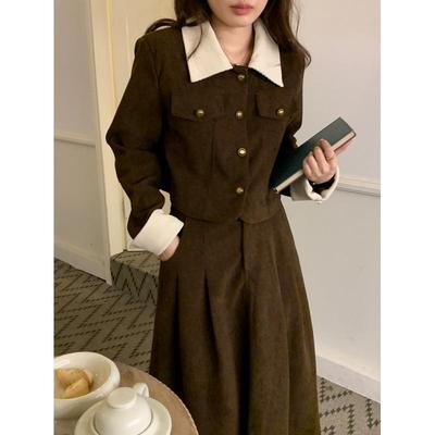 2023 Retro Hepburn Corduroy Contrast Lapel Jacket & High Waist Skirt Set