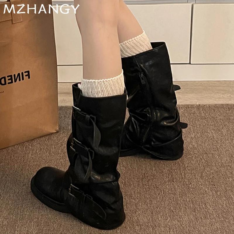 Fashion Women Leather High Boots Chunky Pleated Shoes Woman 2025 Trend Designer Snow Motorcycle Boots Winter New Chelsea Botas Mujer