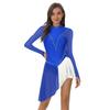 Womens Long Sleeve Skating Dress Sparkle Rhinestone Backless Irregular Hem Side Fringe Leotard Gymnastics Costume