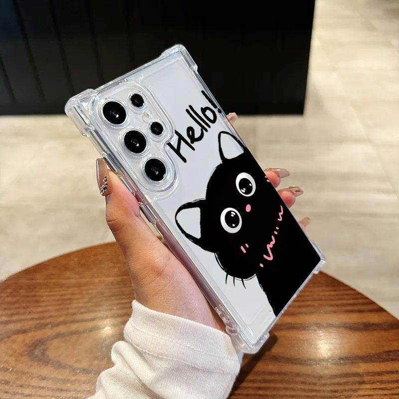 Black Cat Cartoon Art Phone Case For Samsung Galaxy S25 FE S24 S23 S22 S21 Ultra S20 Plus Note 20 10 S25FE Soft Shockproof Cover