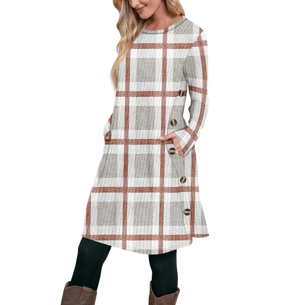 Women's Fashion Casual Long SleeveTunic Dress With Pockets Side Button Dress