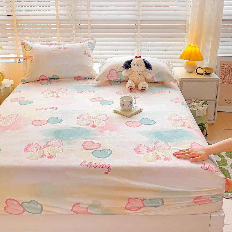 Romantic Love Bow Pattern Fitted Sheet Set Skin-friendly Breathable 3Pcs Mattress Cover with Elastic Band Queen Size Bedding Set