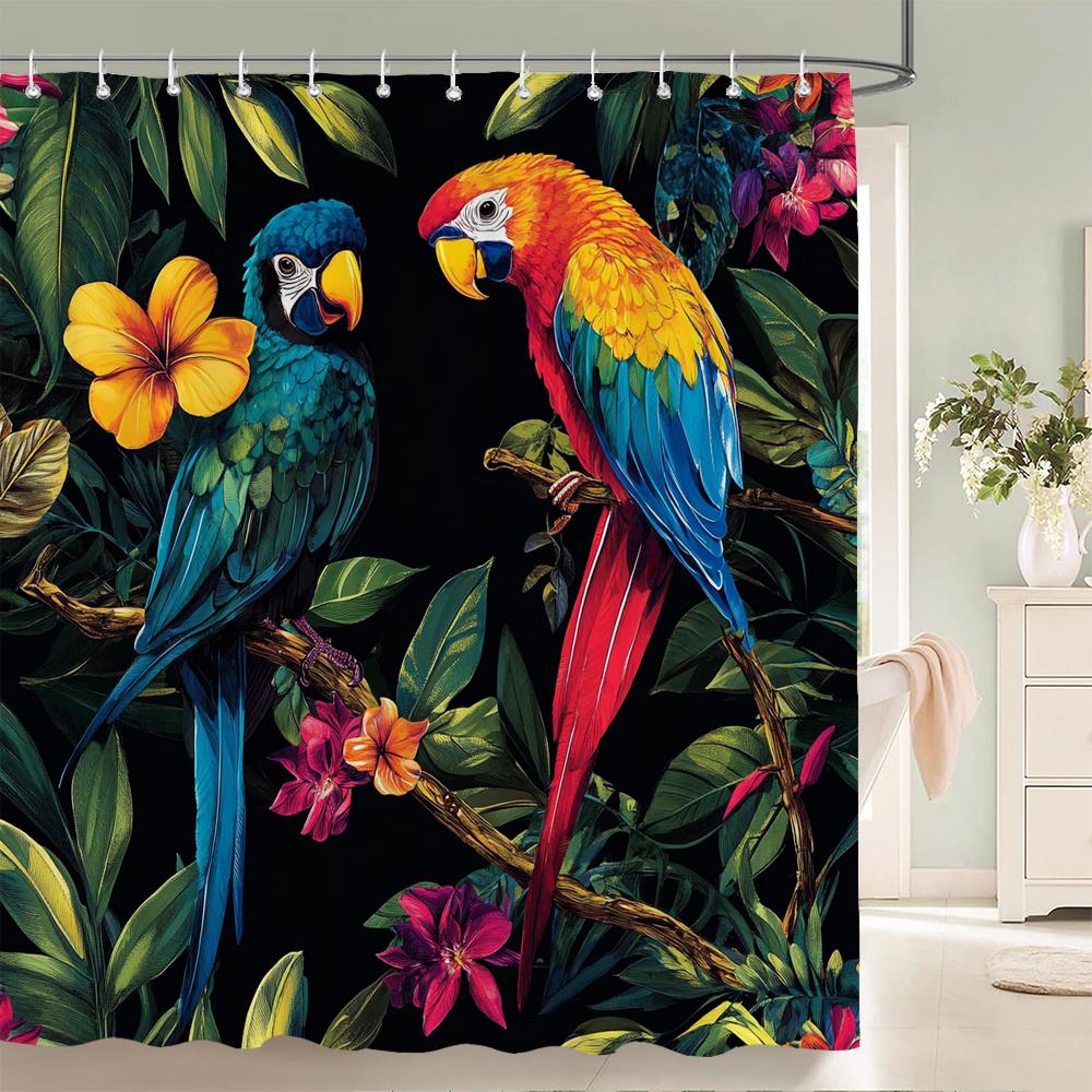Tropical Plants, Flowers and Birds Shower Curtain, Bathroom Decorative Shower Curtain, Print Polyester Fabric Curtain with Hooks
