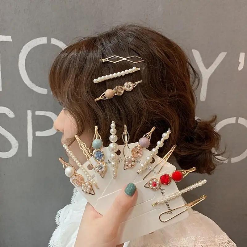 Korean Version of A Word Clip Set of Pearl Gravel Hair Clip Temperament Edge Clip Sweet Girl Heart Hair Ornament Female