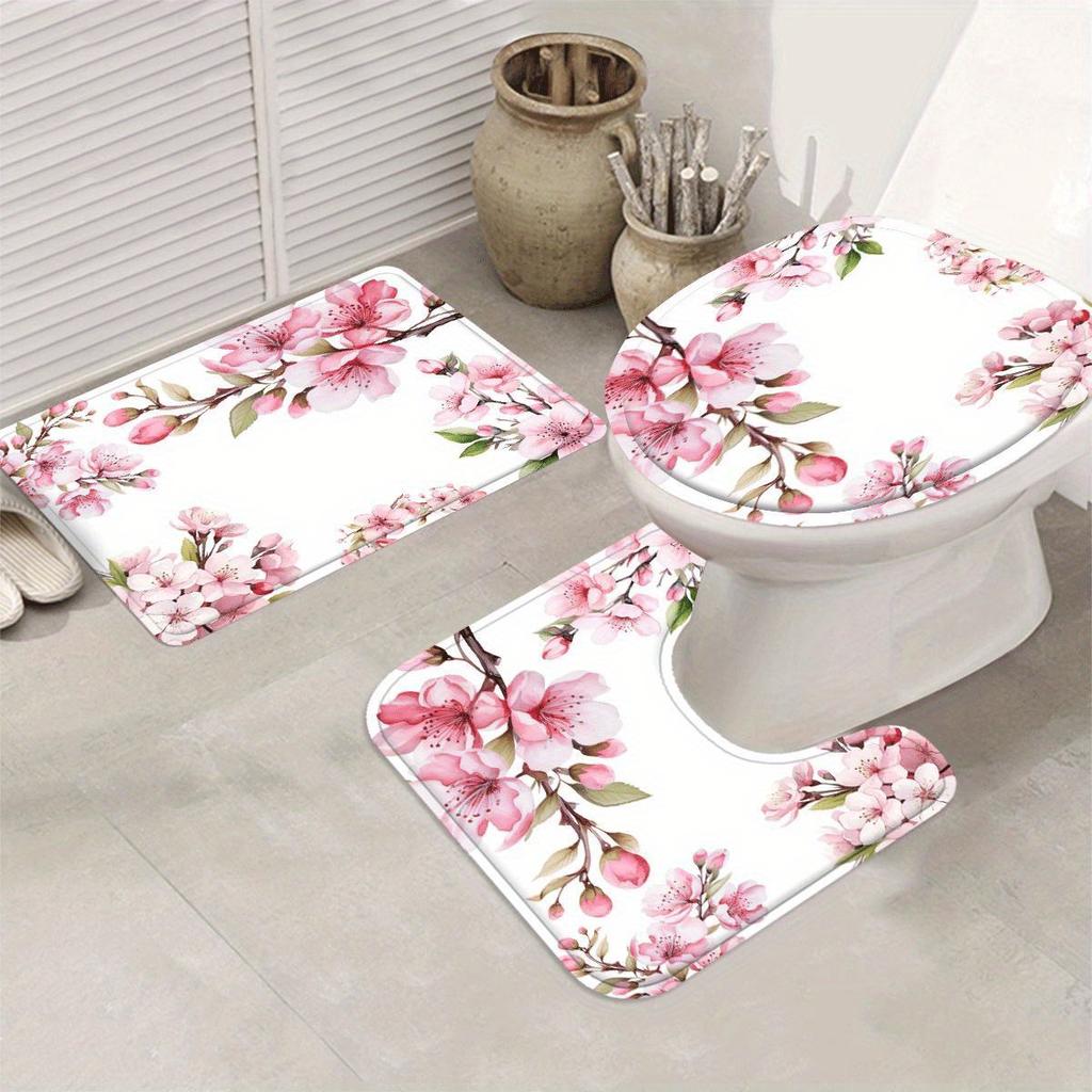 Pc Valentine'S Day Pink Cherry Blossom Bathroom Set Shower Curtain Non-Slip Mat U-Shaped Toilet Mat Toilet Seat