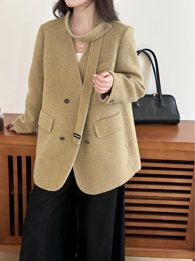 Petite Women's Two-Tone V-Neck Double-Sided Wool Coat for Autumn/Winter