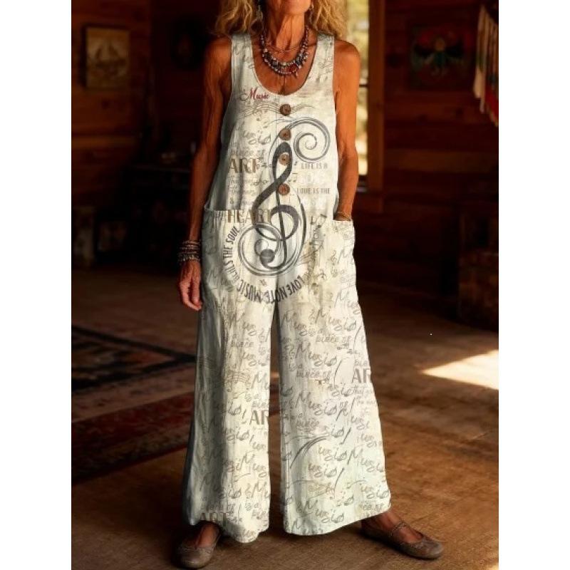 2026 Women's Vintage Summer Cotton and Linen Button Pocket Comfortable Sleeveless Casual One-piece Wide Leg Jumpsuit
