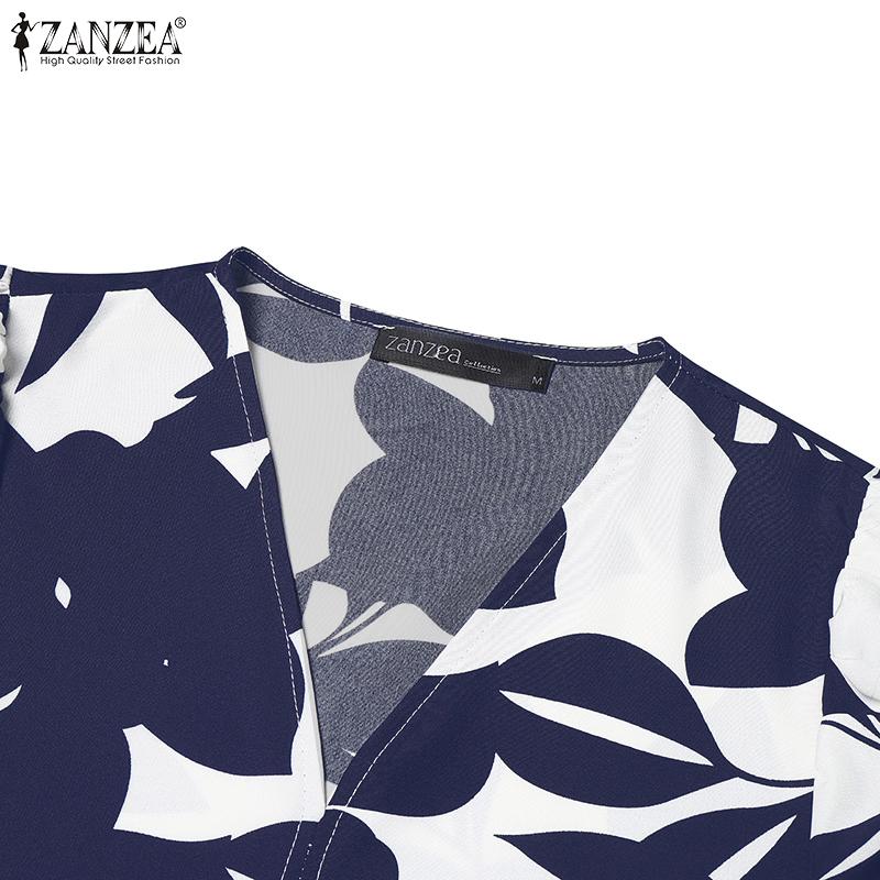 ZANZEA Womens Casual V-Neck Short Sleeve Print Long Dress