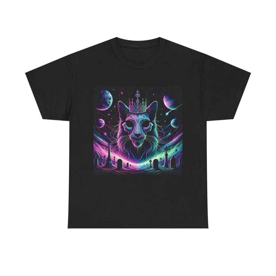 Unisex Adult T Shirt Cat Skull Neon Crown Graveyard XL