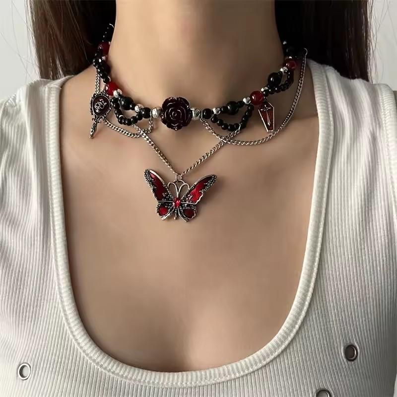 Gothic Red Cross Thorn Heart Butterfly Pendant Choker Black Bead Necklace Personalized Y2K Halloween Charms Grunge EMO Jewelry