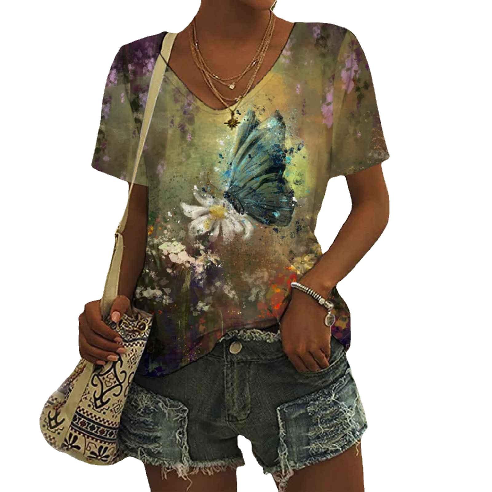Женская футболка с V-образным вырезом и цифровым принтом в виде бабочки в стиле ретро — фото 6