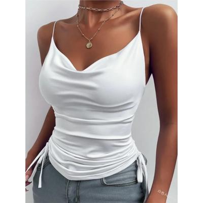 Women's Solid Tank Top V Neck Camisole Cami Drawstring Spaghetti Strap Top Sleeveless Blouse Tank Shirt New Summer Crop Top