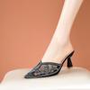 Women's Mules Slippers and Ladies Sandals Rhenstone Slides Pointed Toe Black Heeled Shoes Summer 2025 On Promotion Sale Non Slip