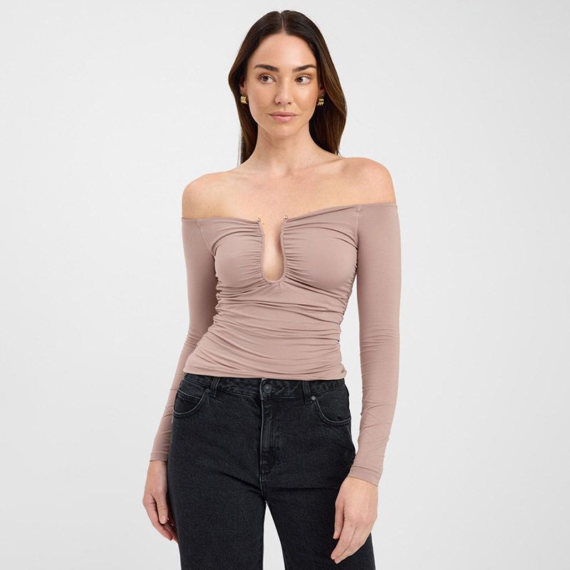 Solid Color One Shoulder Long Sleeved Top Lotus root powder color S