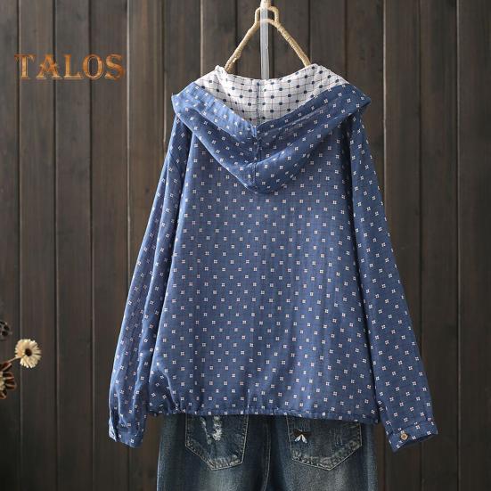 Women Spring Autumn Coat Hooded Drawstring Hem Long Sleeve Printing Loose Zipper Closure Jacket with Pockets Daily Wear Commuting Outerwear