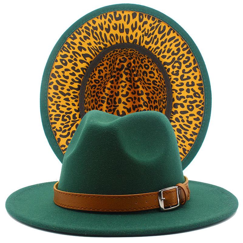 Autumn and winter new leopard print woolen top hat outdoor big edge warm felt hat belt British style jazz hat Wish