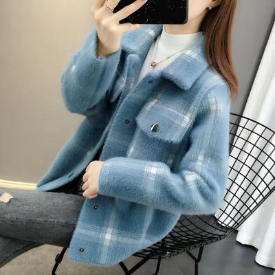 Short Coat Women's Thick Loose Sweater Red Checkered Autumn and Winter Fashion Cardigan Coat Coat