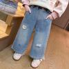 Bestickte Stern & Schleife Weitbeinige Jeans für Mädchen - Koreanischer Stil, Frühling/Herbst