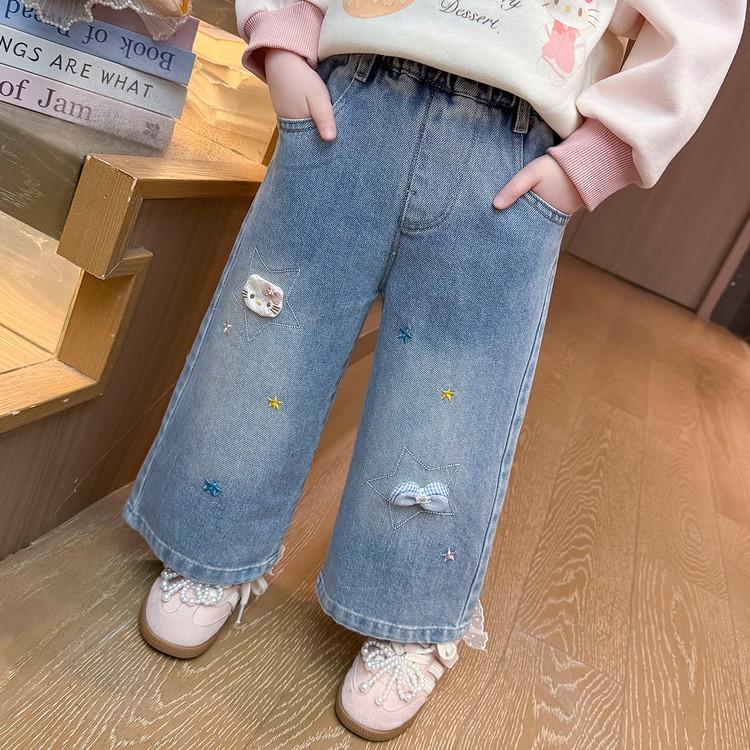 Bestickte Stern & Schleife Weitbeinige Jeans für Mädchen - Koreanischer Stil, Frühling/Herbst