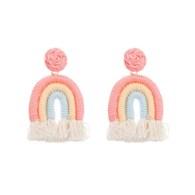 Women's Earrings Fresh Hand Woven Cotton Rope Tassel Earrings Sweet Lovely Rainbow Drop Earrings
