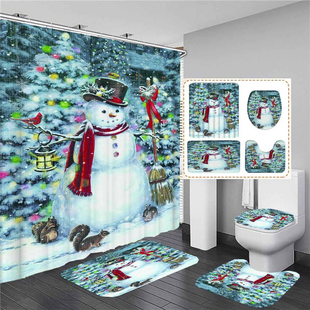 Merry Christmas Shower Curtains Bathroom Curtain Set Santa Snowman Bath Mats Toilet Lid Cover Non-Slip Carpet Home Decor