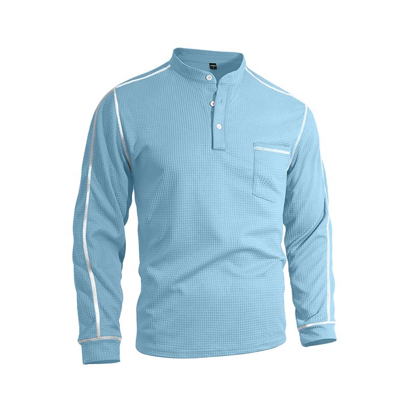 New Men's Waffle Long-sleeved Shirt with Patch-style Buttons, Henry Collar, Pocket-style Casual Outdoor Sports Men's Polo Shirt