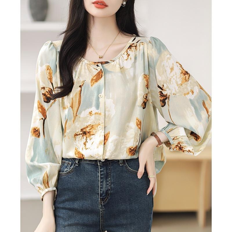 Spring New Floral Fashion Versatile Chiffon Shirt Long-sleeved Round Neck Printed Women's Top
