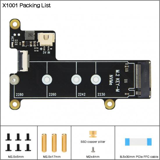 Geekworm X1001 PCIe To M.2 HAT Key-M NVMe SSD PIP PCIe Peripheral Board for Raspberry Pi 5 Support M.2 2230/2242/2260/2280 SSD