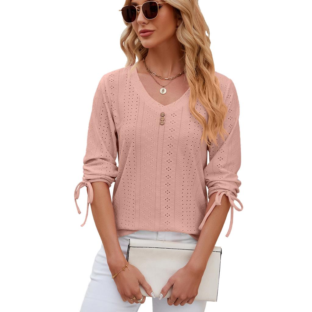 Europe, America spring and summer new button V-neck solid color medium sleeve loose T-shirt top women's clothing