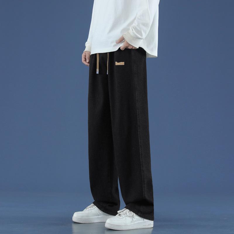 

Men s Washed Denim Wide Leg Jeans Casual Drawstring Elastic Waist Loose Fit Streetwear Jeans S