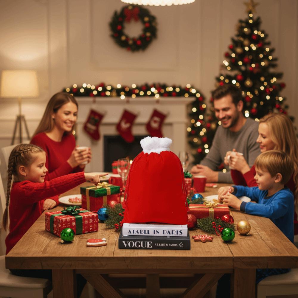 Dekorative Weiße Bordüre Weihnachtsgeschenktasche Pelzige Textur Wiederverwendbar Kordelzugtasche Pelzige Tasche Weihnachtsschenken