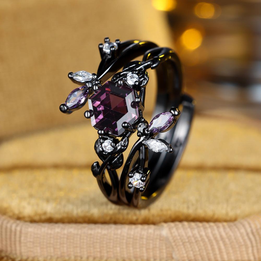 Retro Black Ring Set for Women Purple Hexagonal Zircon Finger Ring Wedding Bands Engagement Jewelry Gift
