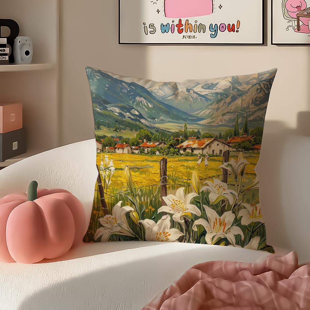 Landscape Style Painting Art Cushion Cover Pillowcase Short Plush Invisible zipper Room Sofa Cushion Cover