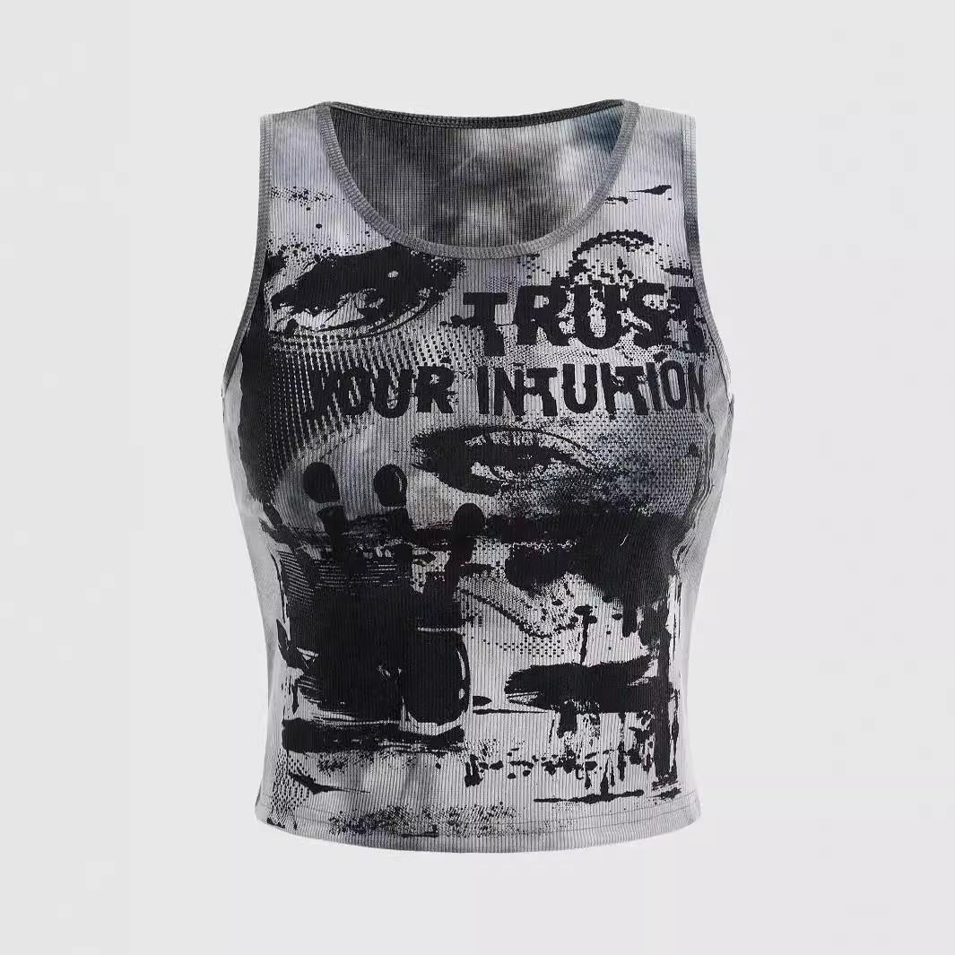 Women Sleeveless Tie Dye Tank Top Crew Neck Ribbed Knit Printed Casual Fitted Crop Vest Summer Lightweight Top L