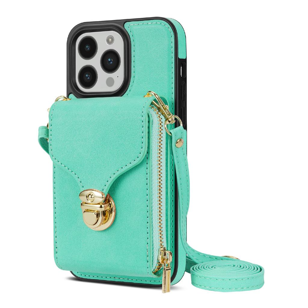 For iPhone 16 Pro Case Zipper Wallet Card Holder Leather+TPU Phone Cover with Strap