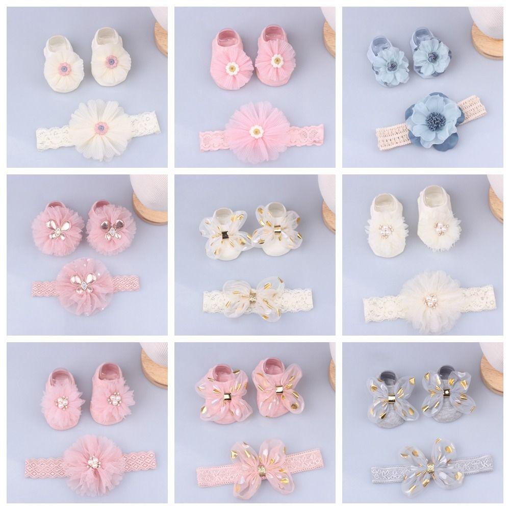 Baumwolle+Spitze Neugeborenen Haarband Perlen Schleifen Mädchen Haar Accessoires Kawaii Baby Stirnband Socken Set