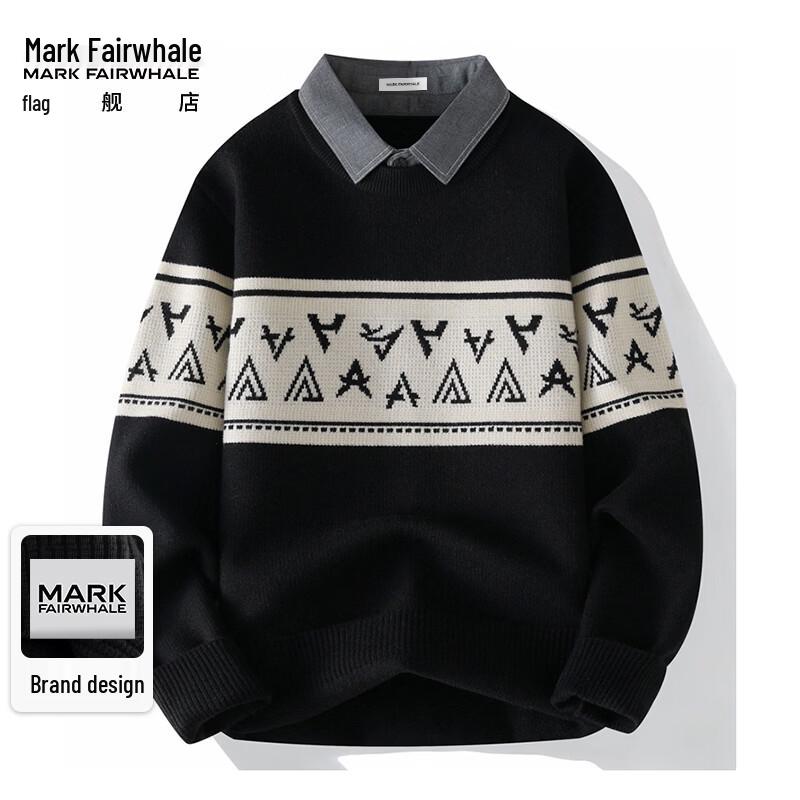 Mark Fairwhale Men's Faux Two-Piece Shirt Collar Knitted Sweater