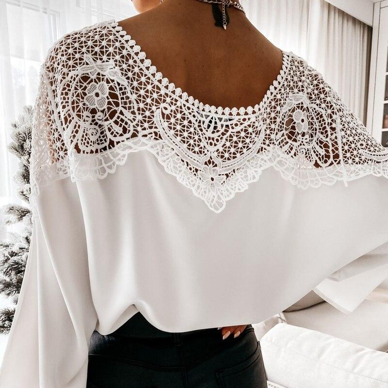 Crochet Embroidery Lace Blouses Women Autumn Sexy Lace Stitching White Shirts Vintage Plus Size Ladies Tops Blusas 12459
