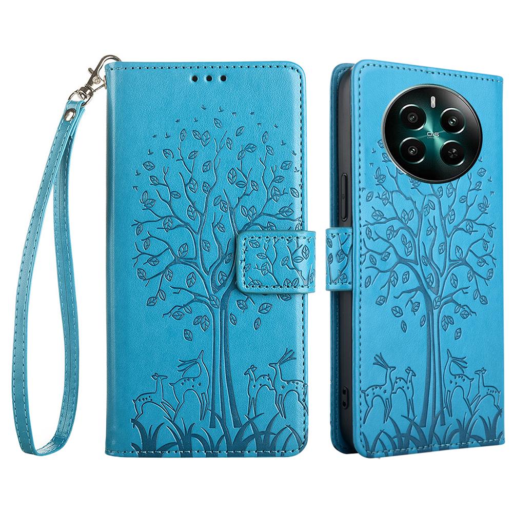 

For Realme 12 4G/12+ 5G Leather Case Tree Imprinted Stand Mobile Phone Cover Blue