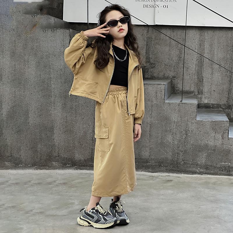 

Модная осенняя детская повседневная куртка с длинными рукавами и юбка для девочек в корейском стиле из двух частей 150