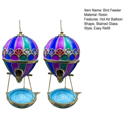 Outdoor Bird Water Station Stained Glass Hot Air Balloon Feeder Fountain, Hanging with Fountain Decorative Resin Tray, Vintage Bronze Garden Decor for