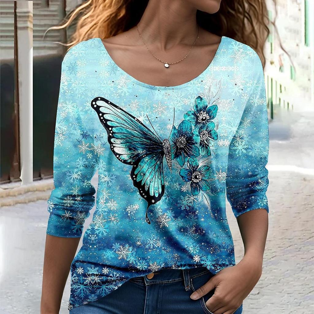 Spring and Autumn Round Neck 3D Butterfly Graphic Printed Top Fashionable Casual Long Sleeved Women's T-shirts