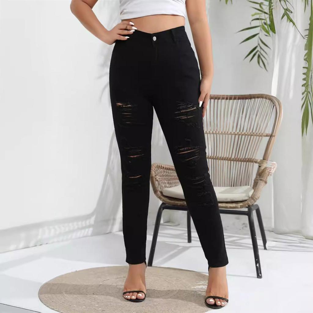 Ladies' Solid Color Casual Pants Versatile Slim Fit Straight Leg Denim Jeans With Holes