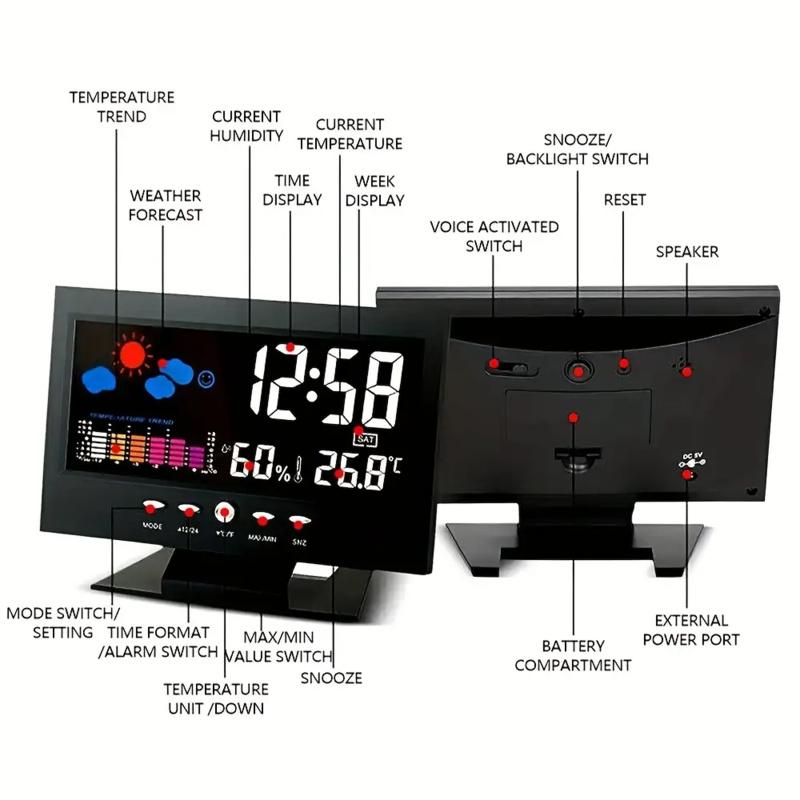 Large Backlit Display Digital Clock, Voice Control Weather Station, 12/24-Hour Format, Weather Forecast, USB Power Supply