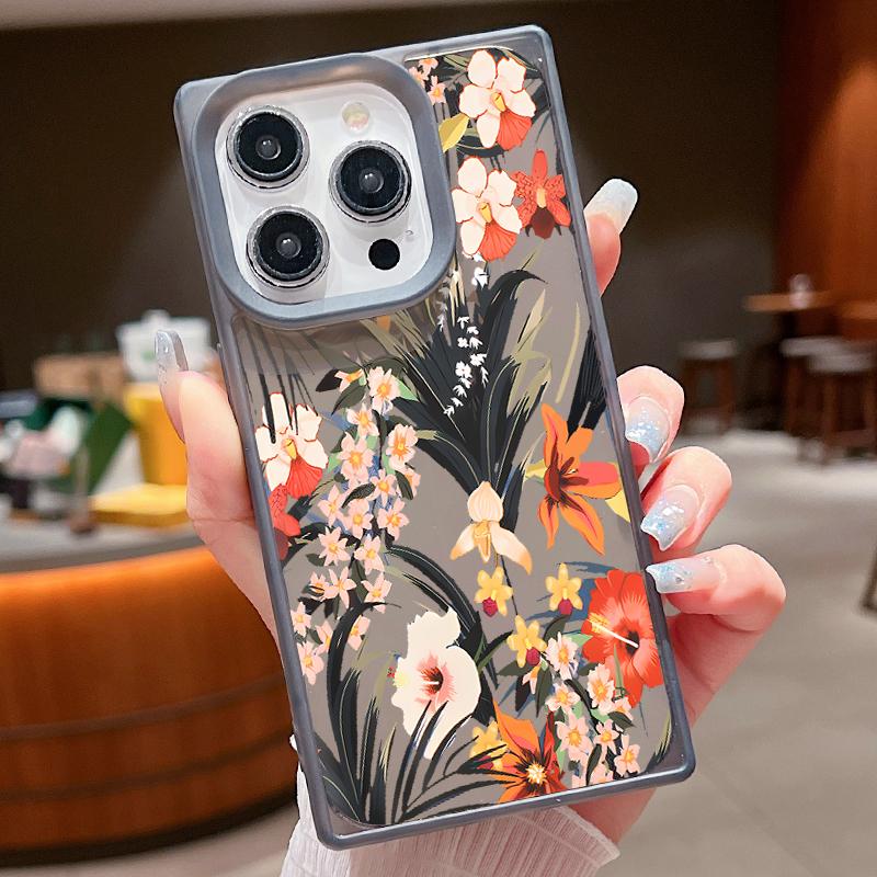 Frosted Square Clear Phone Case for iPhone 16 Pro 15 14 Plus 13 12 Pro Max 11 Colored Floral Pattern Tpu Soft Shockproof Slim Cover