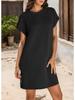 2026 Women's Solid Color Round Neck Short Sleeve Pocket Dress with Rolled Cuff