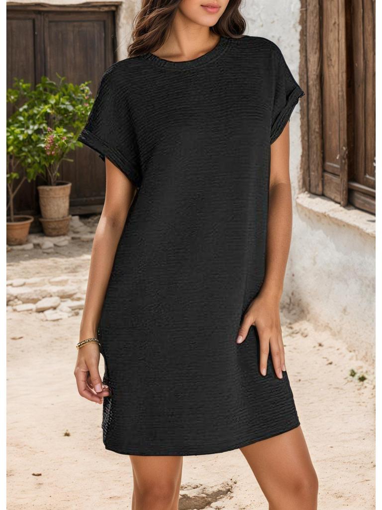 2026 Women's Solid Color Round Neck Short Sleeve Pocket Dress with Rolled Cuff
