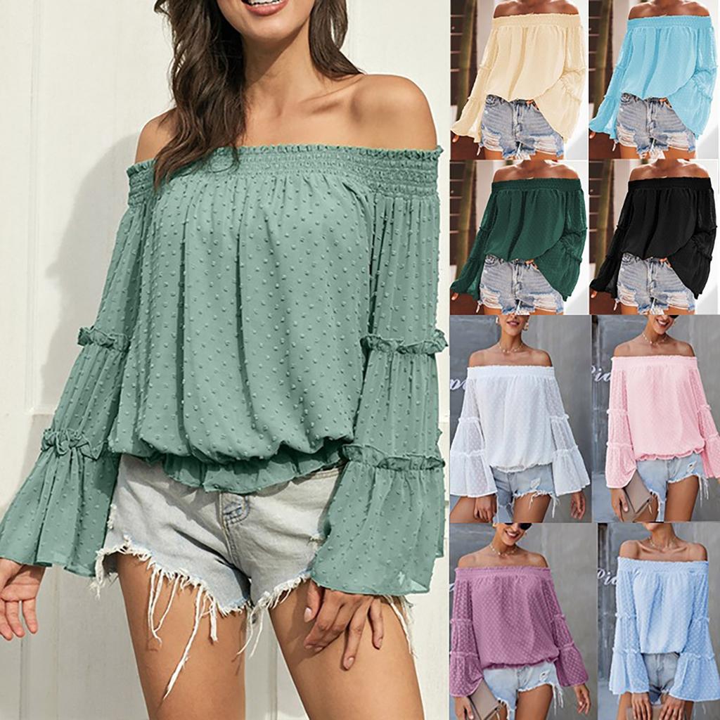 Fashion Flared Long-sleeved Chiffon Off-the-shoulder Neckline Hollow Loose Top